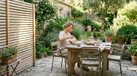 Une femme déjeune dans un coin repas de jardin protégé par une claustra légère laissant passer la lumière.