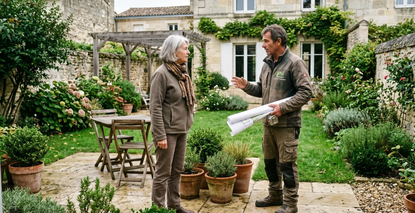 Un paysagiste discute avec une propriétaire dans son jardin avant l'aménagement du coin repas.