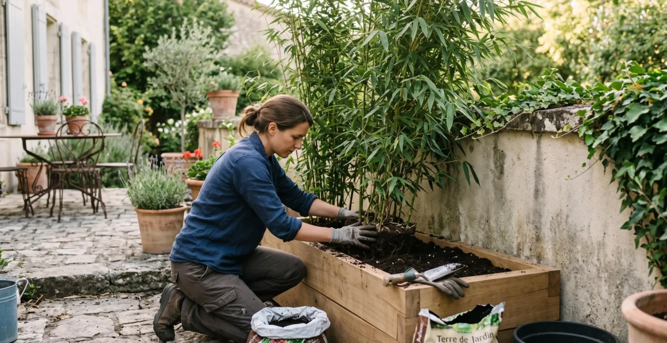 Une personne plante des bambous dans un grand bac pour créer un écran d'intimité ciblé.